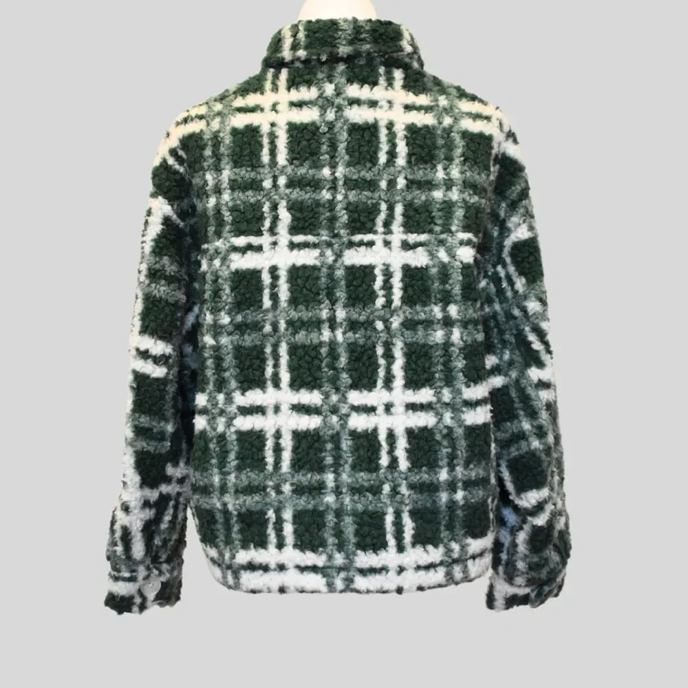 ZARA Women's Combination Plaid Fleece/ Teddy Oversized Jacket Green Size S